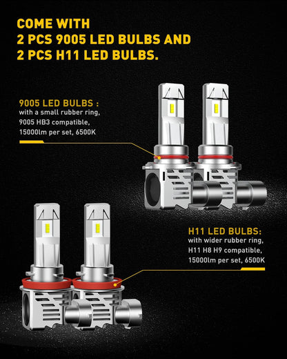 AUXITO 9005 H11 LED Bulbs Combo, 30000LM 6500K Cool White, Wireless HB3 H8 H9 LED Light Bulbs for Halogen Replacement, Pack of 4